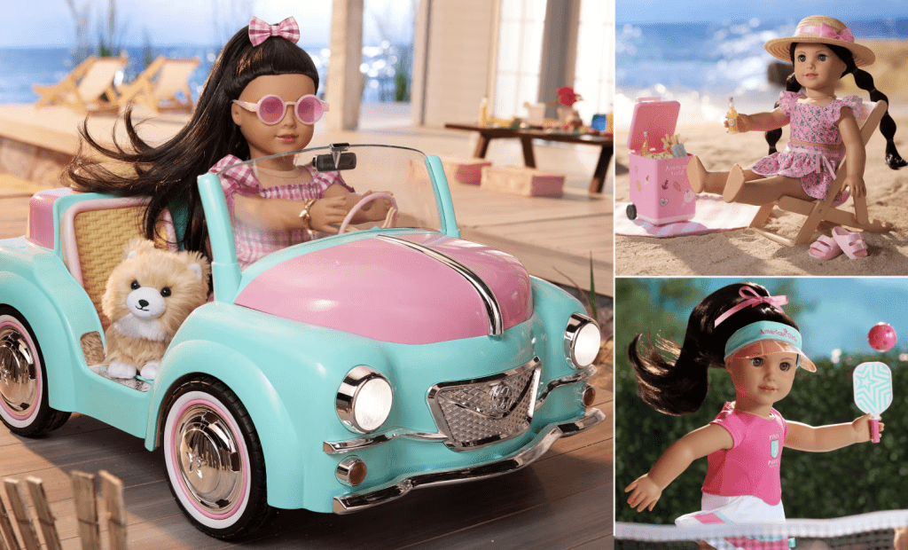 Photo Collage of the 2026 American GIrl of the Year Raquel Reyes. Raquel in her car. Raquel with paletas. Raquel playing pickleball.